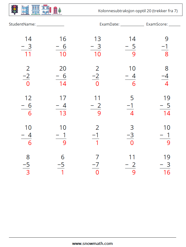 (25) Kolonnesubtraksjon opptil 20 (trekker fra 7) MathWorksheets 18 QuestionAnswer
