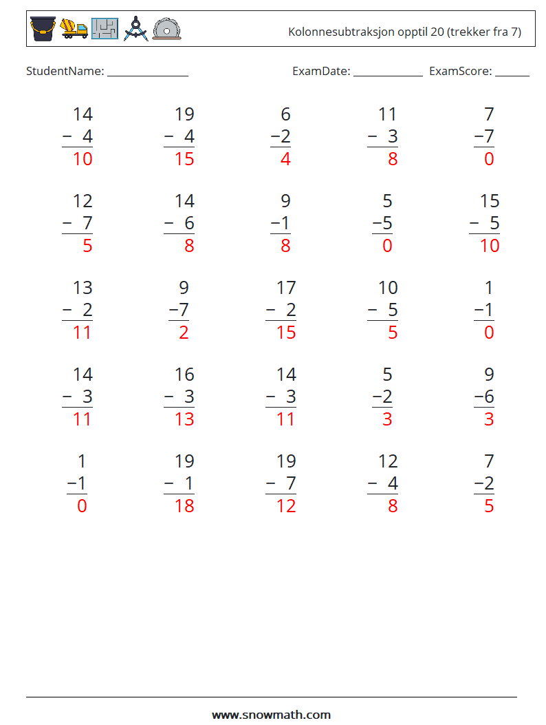 (25) Kolonnesubtraksjon opptil 20 (trekker fra 7) MathWorksheets 1 QuestionAnswer