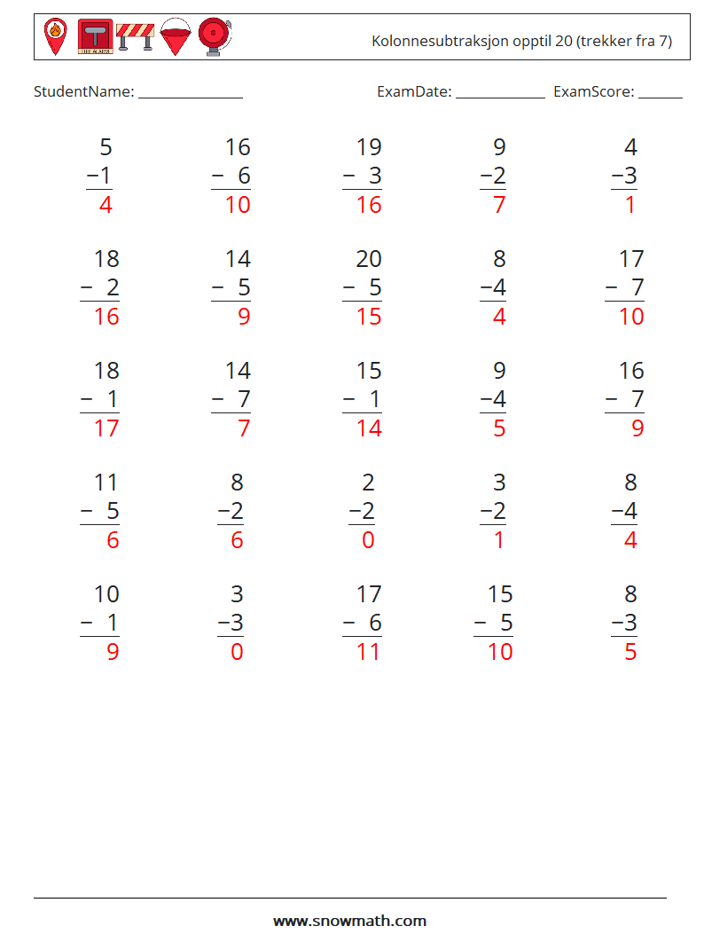 (25) Kolonnesubtraksjon opptil 20 (trekker fra 7) MathWorksheets 4 QuestionAnswer