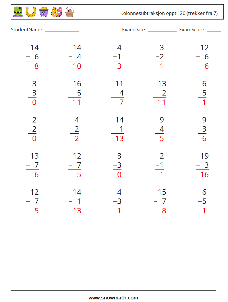 (25) Kolonnesubtraksjon opptil 20 (trekker fra 7) MathWorksheets 6 QuestionAnswer