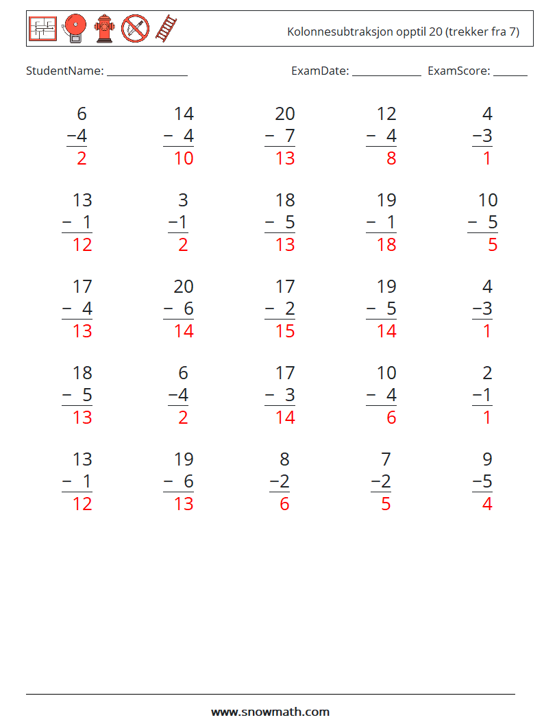 (25) Kolonnesubtraksjon opptil 20 (trekker fra 7) MathWorksheets 8 QuestionAnswer