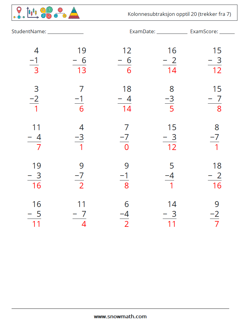 (25) Kolonnesubtraksjon opptil 20 (trekker fra 7) MathWorksheets 9 QuestionAnswer