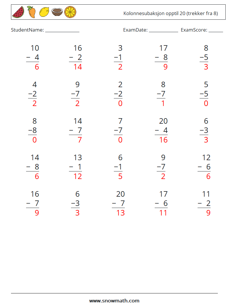 (25) Kolonnesubaksjon opptil 20 (trekker fra 8) MathWorksheets 10 QuestionAnswer