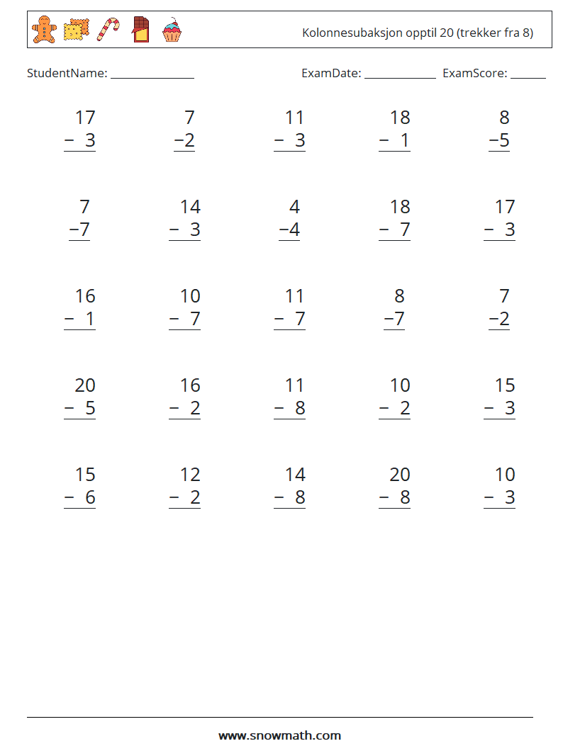 (25) Kolonnesubaksjon opptil 20 (trekker fra 8) MathWorksheets 11