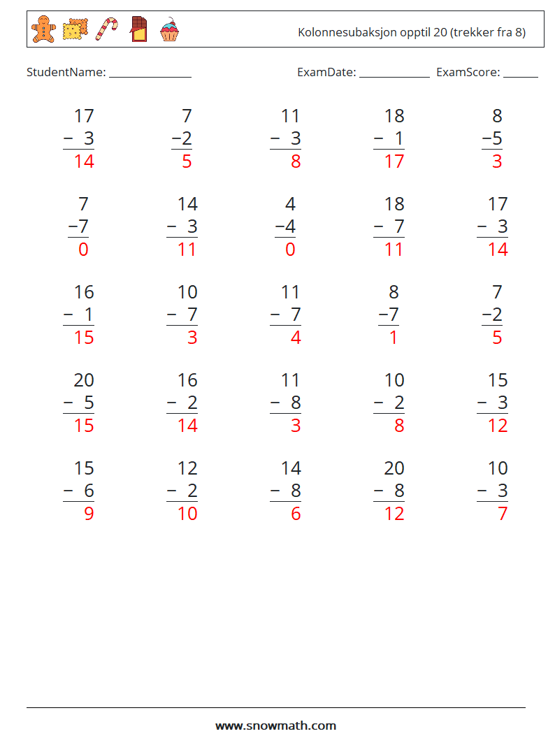 (25) Kolonnesubaksjon opptil 20 (trekker fra 8) MathWorksheets 11 QuestionAnswer