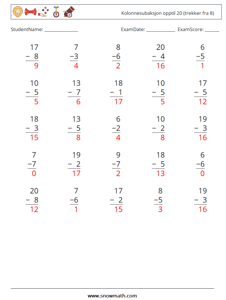 (25) Kolonnesubaksjon opptil 20 (trekker fra 8) MathWorksheets 12 QuestionAnswer