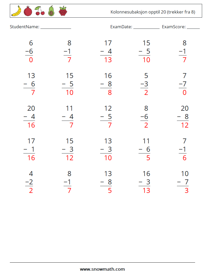 (25) Kolonnesubaksjon opptil 20 (trekker fra 8) MathWorksheets 13 QuestionAnswer