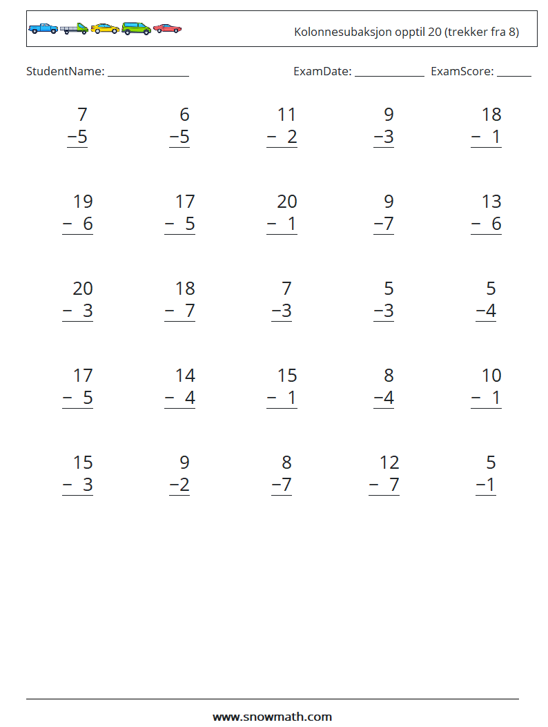 (25) Kolonnesubaksjon opptil 20 (trekker fra 8) MathWorksheets 14