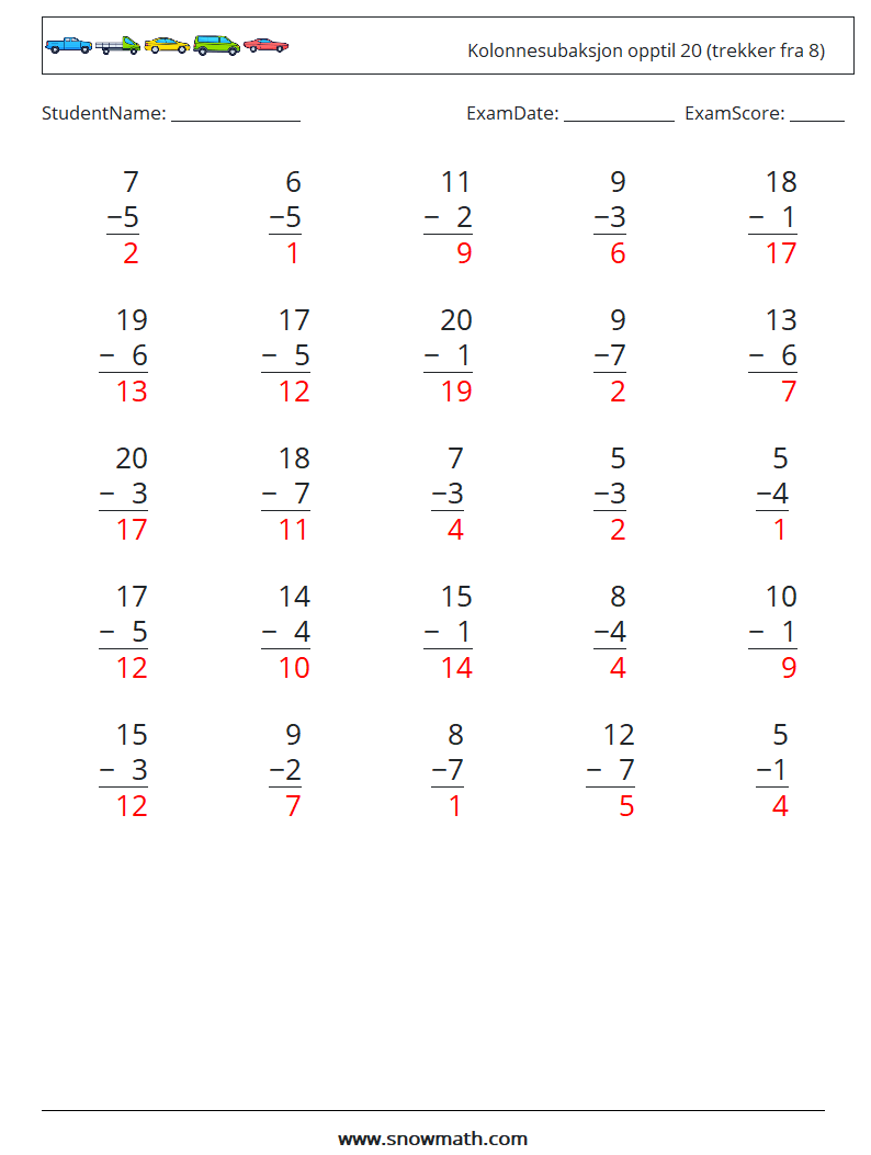 (25) Kolonnesubaksjon opptil 20 (trekker fra 8) MathWorksheets 14 QuestionAnswer