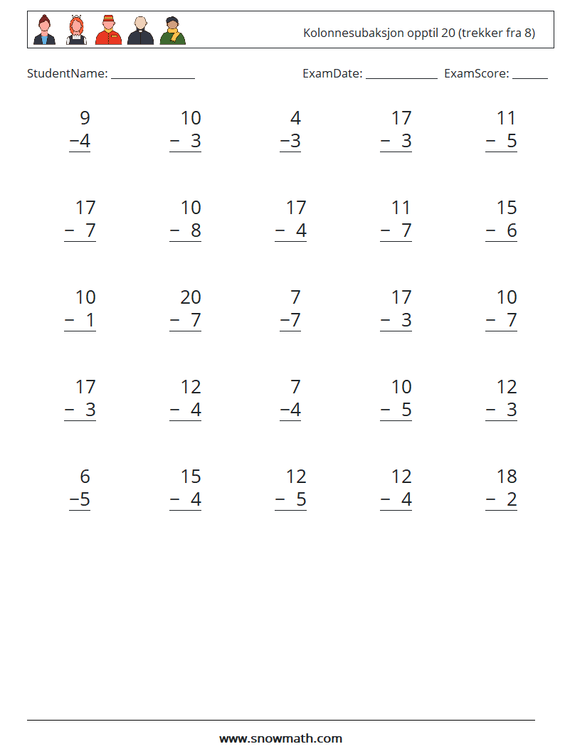 (25) Kolonnesubaksjon opptil 20 (trekker fra 8) MathWorksheets 15