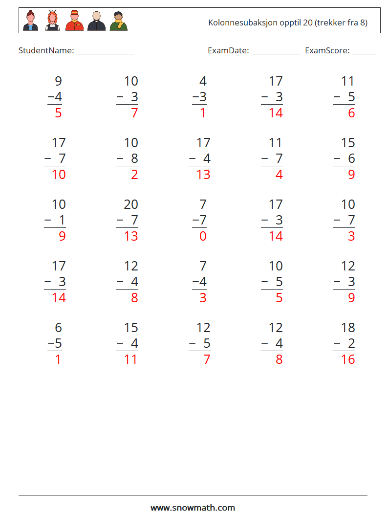 (25) Kolonnesubaksjon opptil 20 (trekker fra 8) MathWorksheets 15 QuestionAnswer