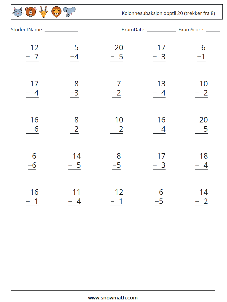 (25) Kolonnesubaksjon opptil 20 (trekker fra 8) MathWorksheets 16