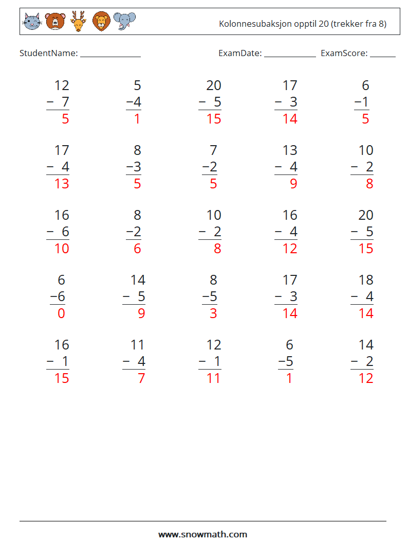 (25) Kolonnesubaksjon opptil 20 (trekker fra 8) MathWorksheets 16 QuestionAnswer