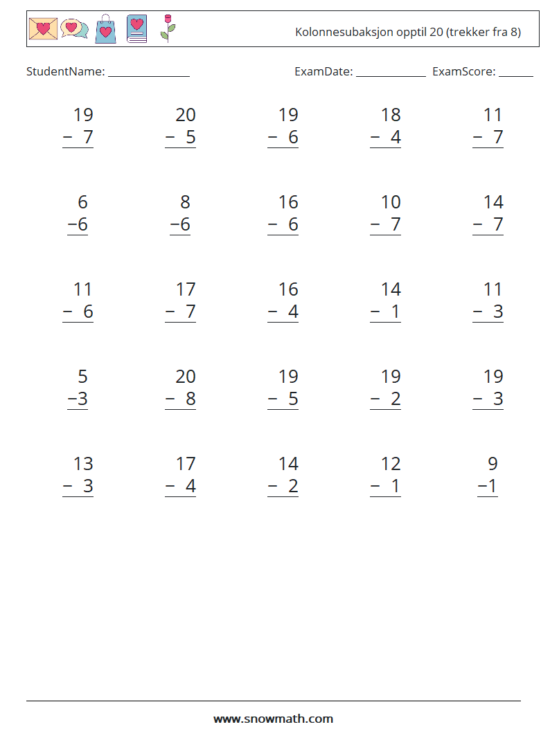 (25) Kolonnesubaksjon opptil 20 (trekker fra 8) MathWorksheets 17
