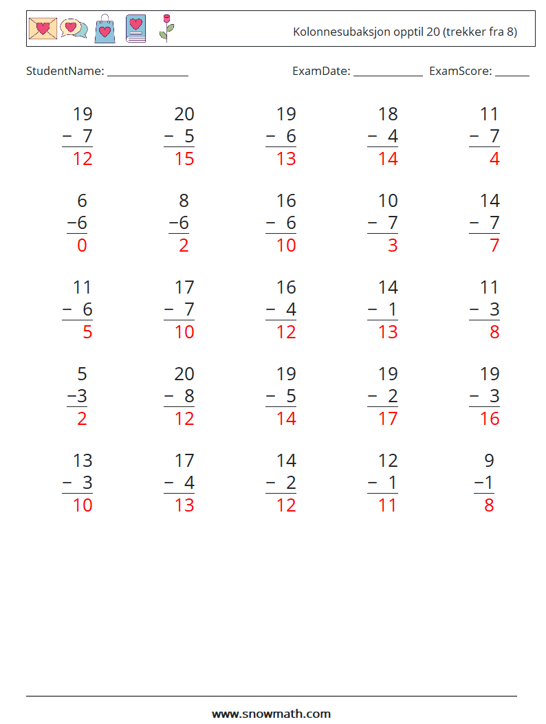 (25) Kolonnesubaksjon opptil 20 (trekker fra 8) MathWorksheets 17 QuestionAnswer
