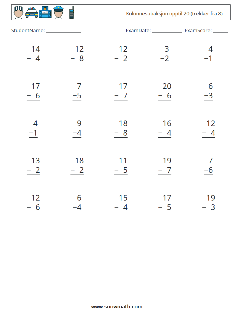 (25) Kolonnesubaksjon opptil 20 (trekker fra 8) MathWorksheets 18