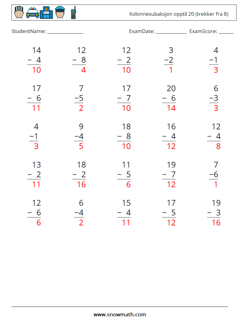 (25) Kolonnesubaksjon opptil 20 (trekker fra 8) MathWorksheets 18 QuestionAnswer