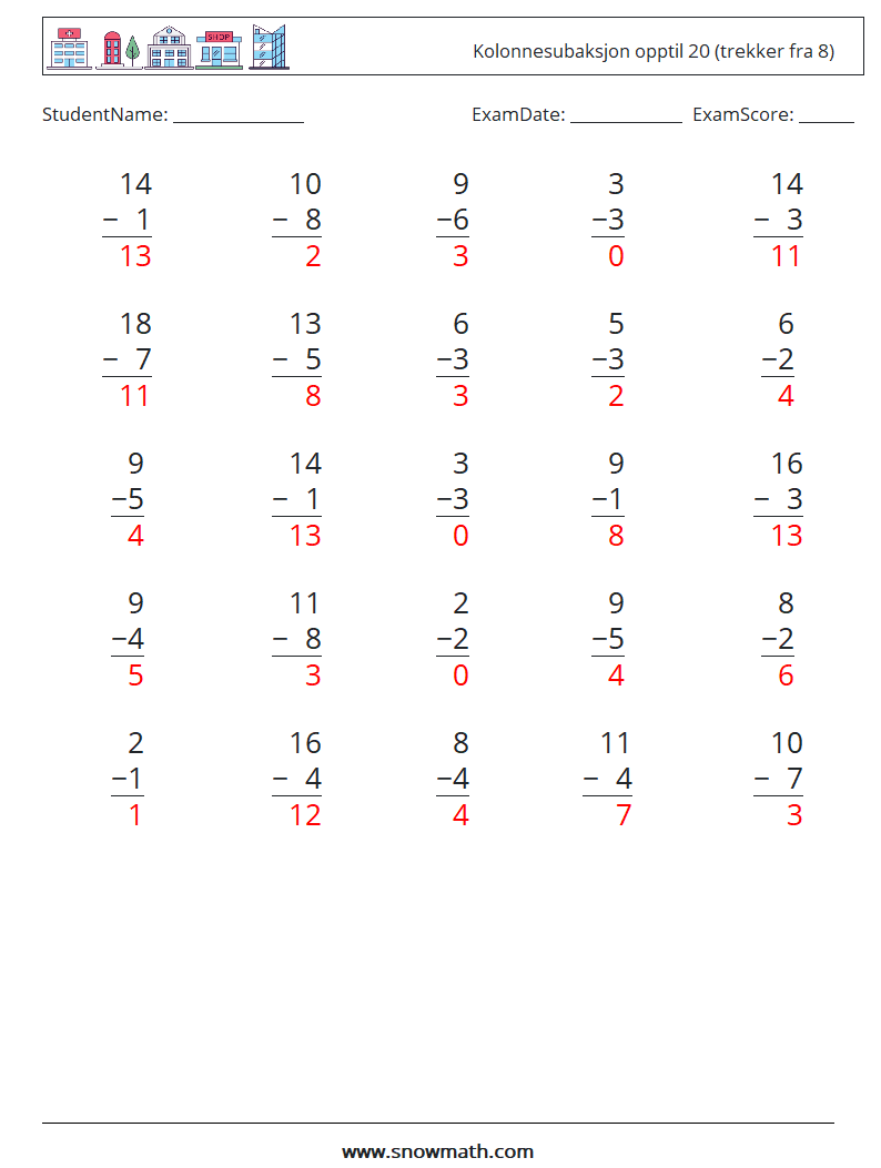 (25) Kolonnesubaksjon opptil 20 (trekker fra 8) MathWorksheets 1 QuestionAnswer