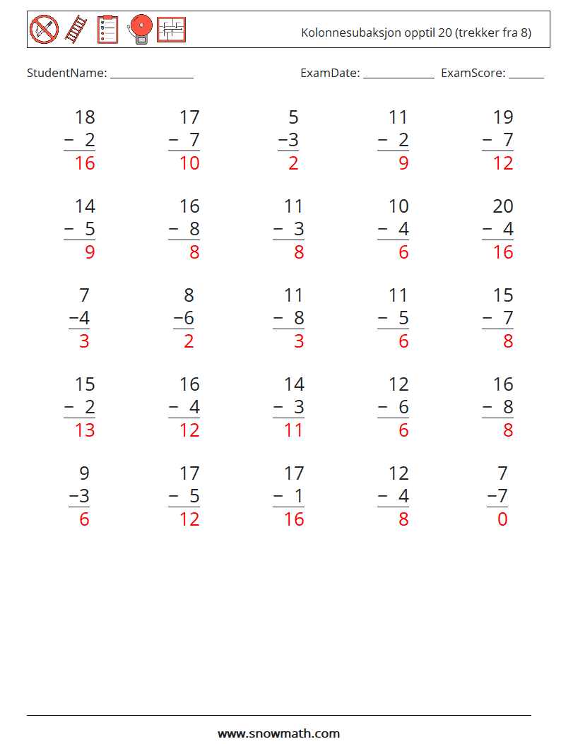 (25) Kolonnesubaksjon opptil 20 (trekker fra 8) MathWorksheets 2 QuestionAnswer