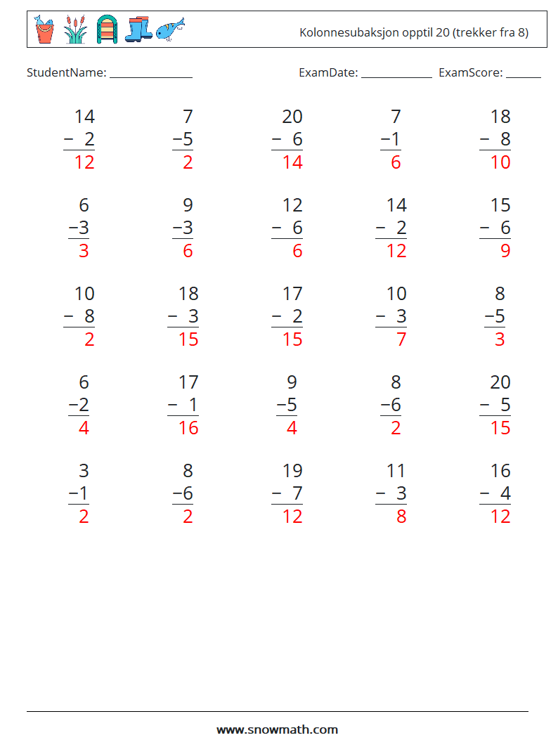 (25) Kolonnesubaksjon opptil 20 (trekker fra 8) MathWorksheets 3 QuestionAnswer