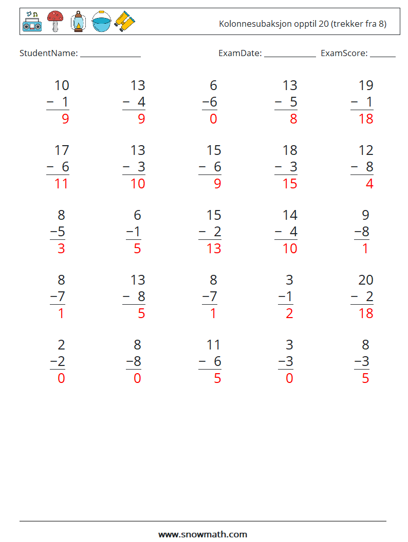 (25) Kolonnesubaksjon opptil 20 (trekker fra 8) MathWorksheets 4 QuestionAnswer