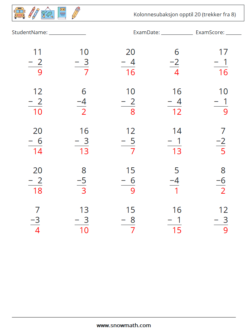 (25) Kolonnesubaksjon opptil 20 (trekker fra 8) MathWorksheets 5 QuestionAnswer