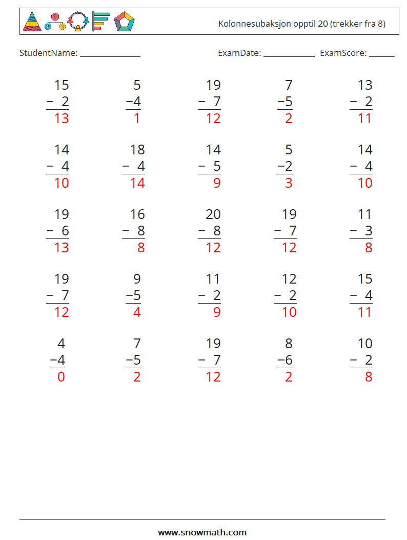 (25) Kolonnesubaksjon opptil 20 (trekker fra 8) MathWorksheets 6 QuestionAnswer