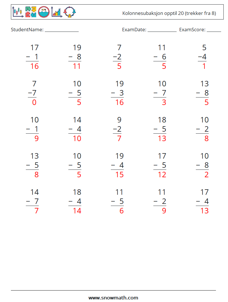 (25) Kolonnesubaksjon opptil 20 (trekker fra 8) MathWorksheets 7 QuestionAnswer