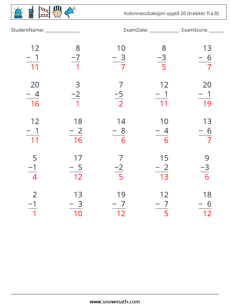 (25) Kolonnesubaksjon opptil 20 (trekker fra 8) MathWorksheets 8 QuestionAnswer