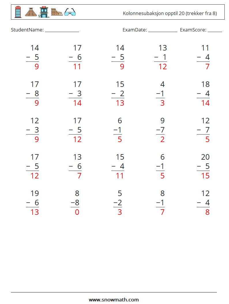 (25) Kolonnesubaksjon opptil 20 (trekker fra 8) MathWorksheets 9 QuestionAnswer