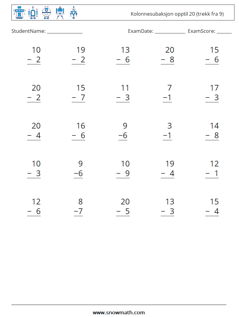(25) Kolonnesubaksjon opptil 20 (trekk fra 9) MathWorksheets 10
