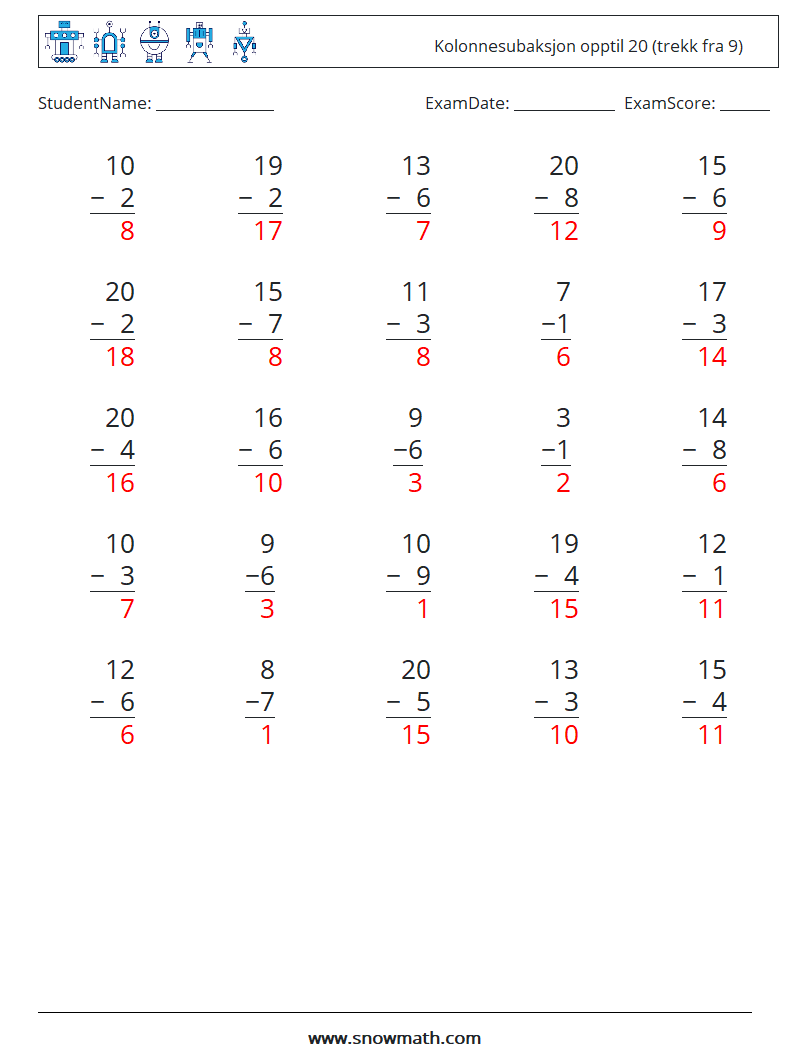(25) Kolonnesubaksjon opptil 20 (trekk fra 9) MathWorksheets 10 QuestionAnswer