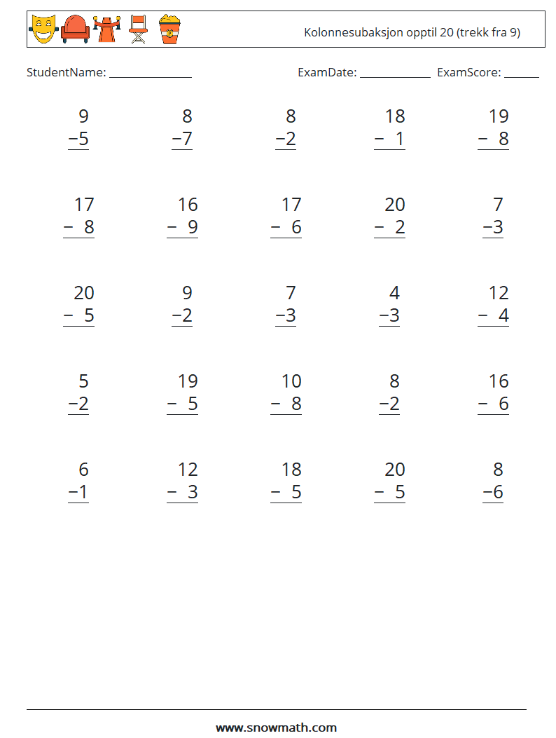 (25) Kolonnesubaksjon opptil 20 (trekk fra 9) MathWorksheets 11