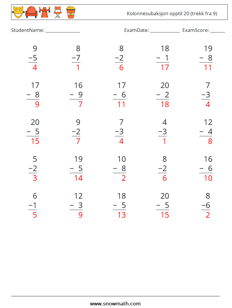 (25) Kolonnesubaksjon opptil 20 (trekk fra 9) MathWorksheets 11 QuestionAnswer