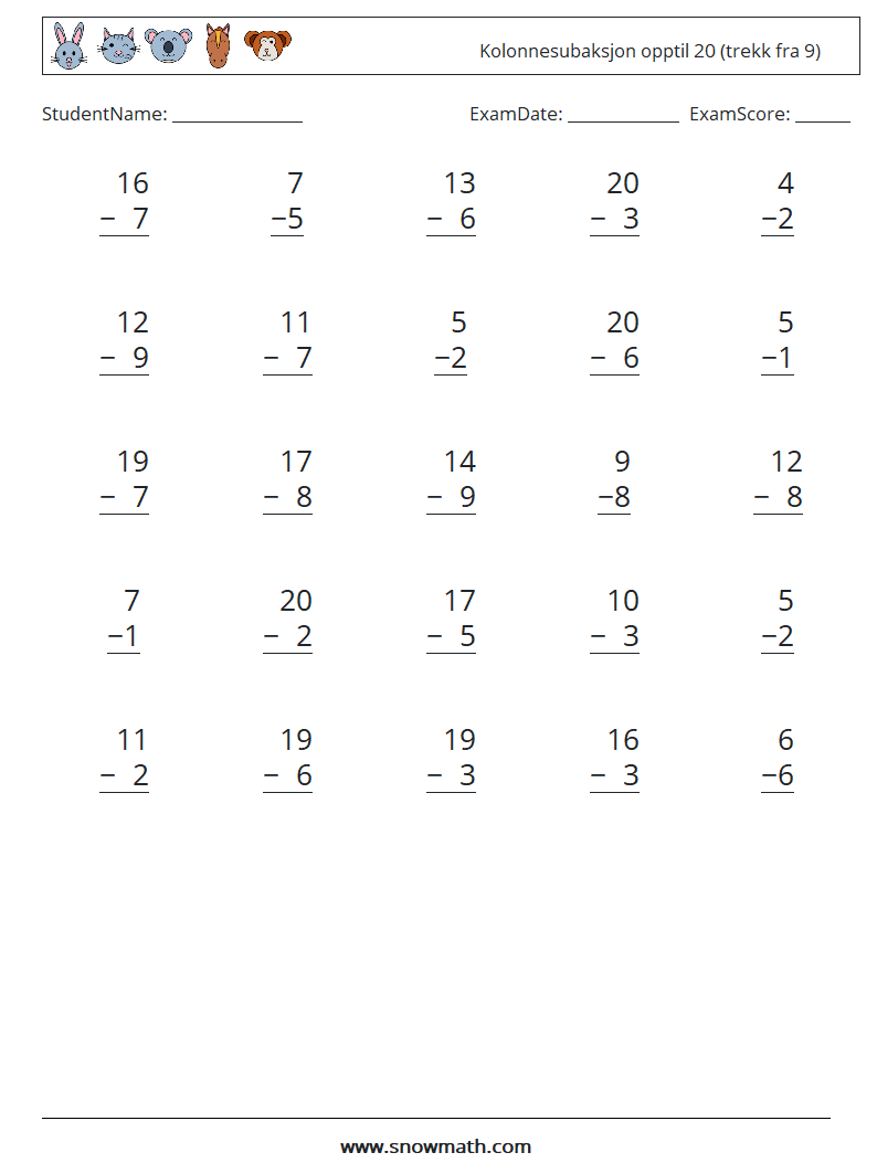(25) Kolonnesubaksjon opptil 20 (trekk fra 9) MathWorksheets 12
