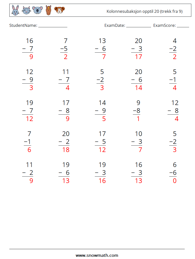 (25) Kolonnesubaksjon opptil 20 (trekk fra 9) MathWorksheets 12 QuestionAnswer