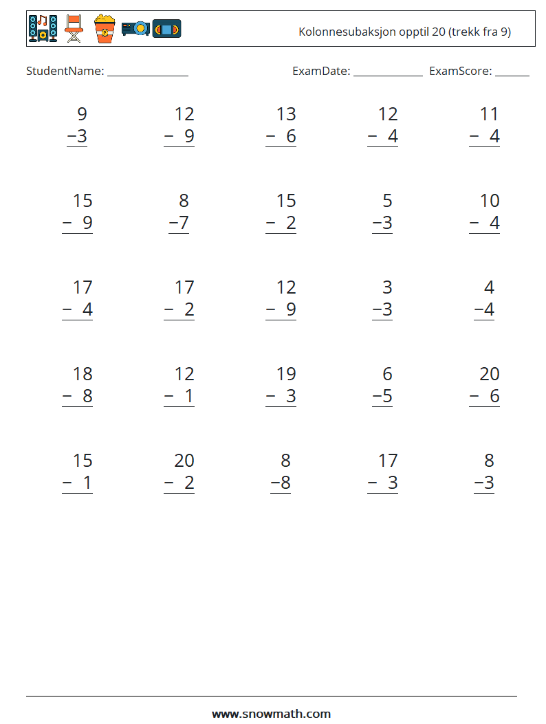 (25) Kolonnesubaksjon opptil 20 (trekk fra 9) MathWorksheets 13