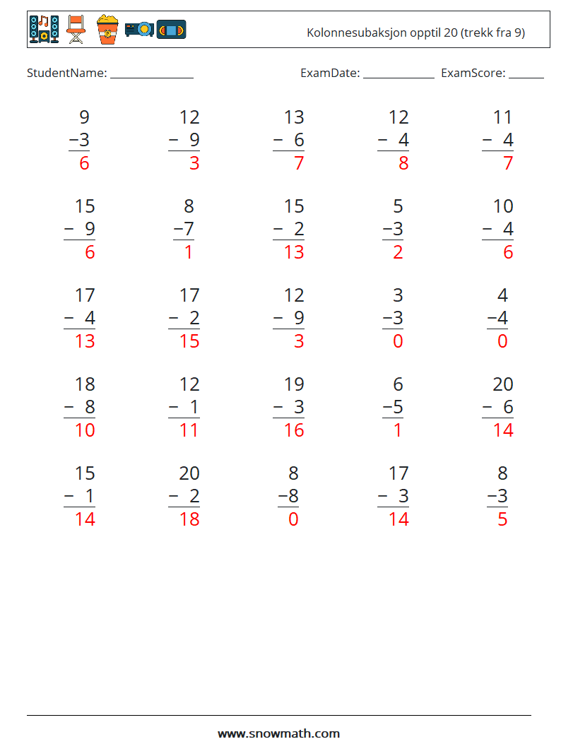 (25) Kolonnesubaksjon opptil 20 (trekk fra 9) MathWorksheets 13 QuestionAnswer