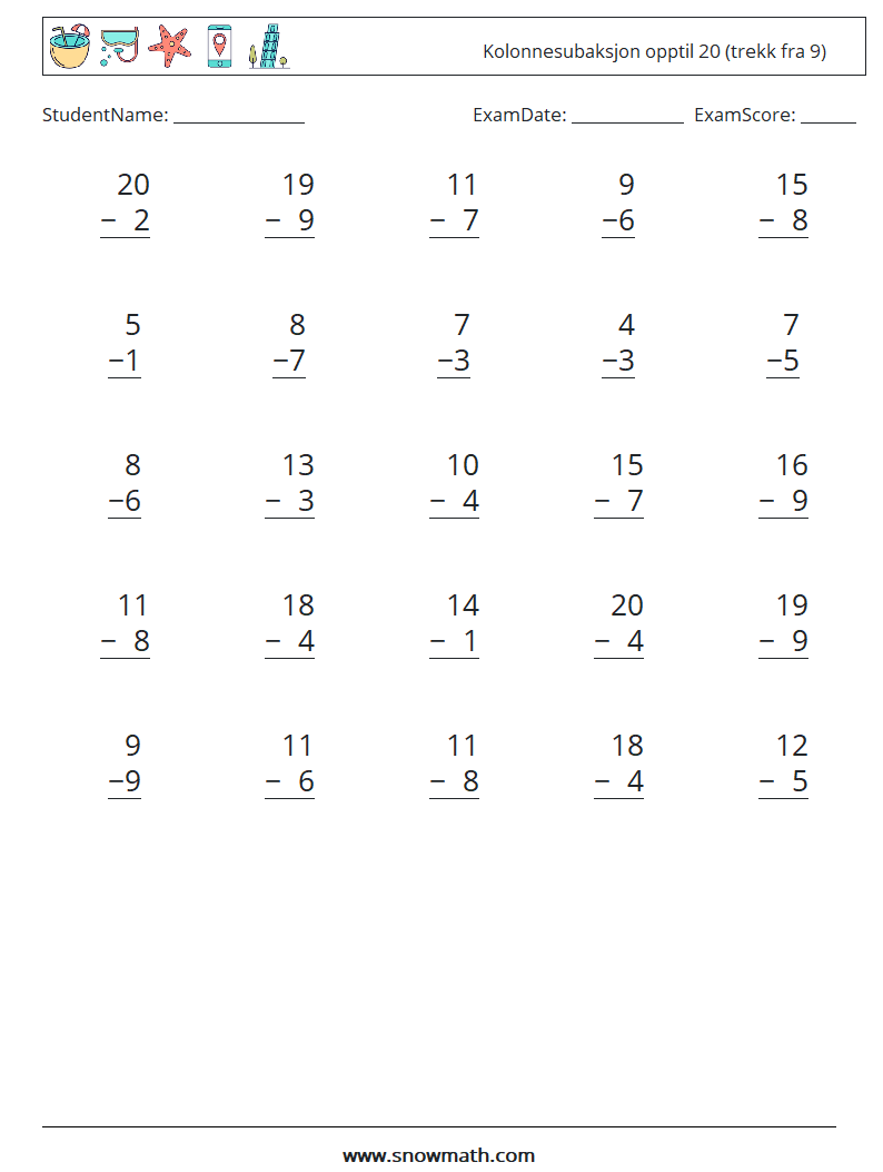(25) Kolonnesubaksjon opptil 20 (trekk fra 9) MathWorksheets 14