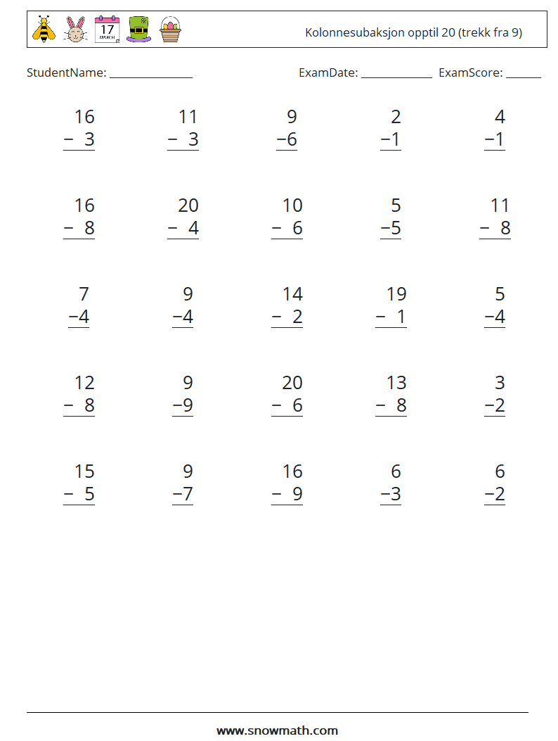 (25) Kolonnesubaksjon opptil 20 (trekk fra 9) MathWorksheets 15