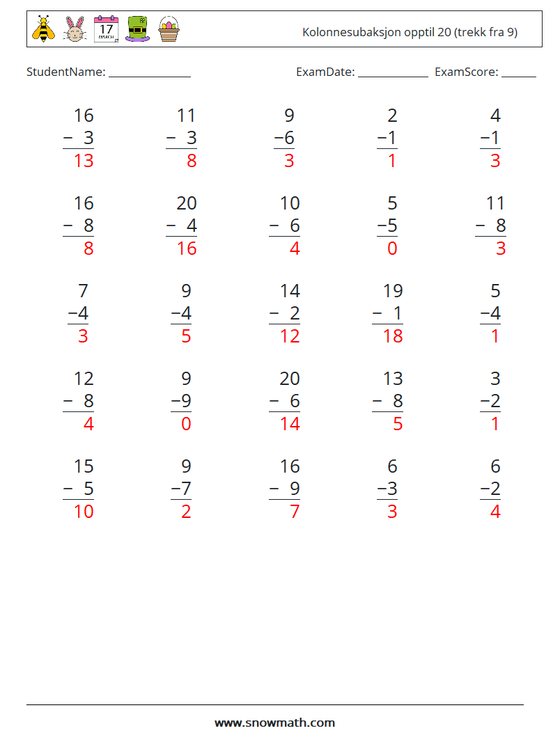 (25) Kolonnesubaksjon opptil 20 (trekk fra 9) MathWorksheets 15 QuestionAnswer