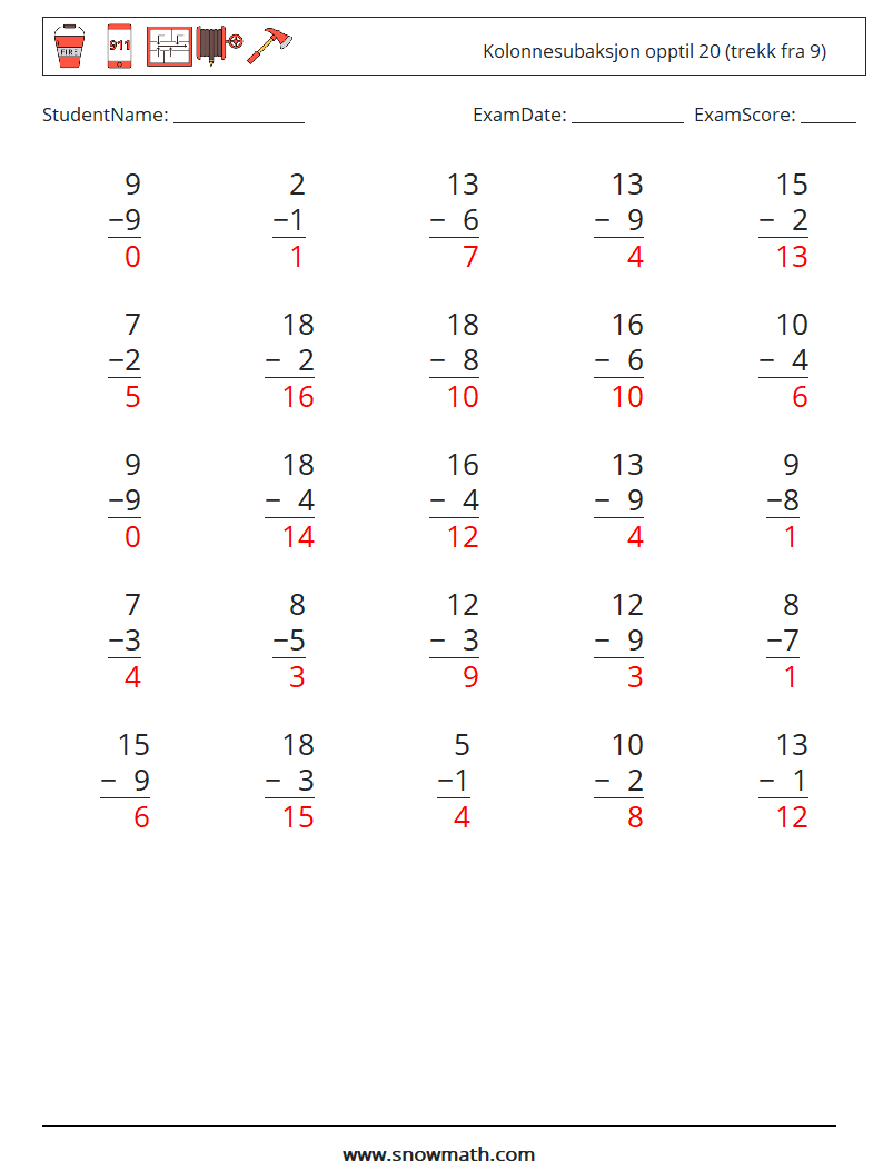 (25) Kolonnesubaksjon opptil 20 (trekk fra 9) MathWorksheets 16 QuestionAnswer