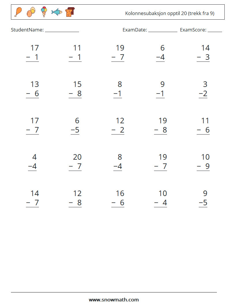 (25) Kolonnesubaksjon opptil 20 (trekk fra 9) MathWorksheets 17