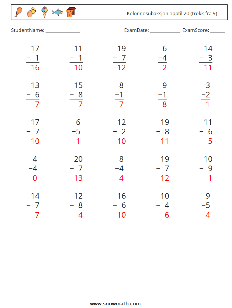 (25) Kolonnesubaksjon opptil 20 (trekk fra 9) MathWorksheets 17 QuestionAnswer