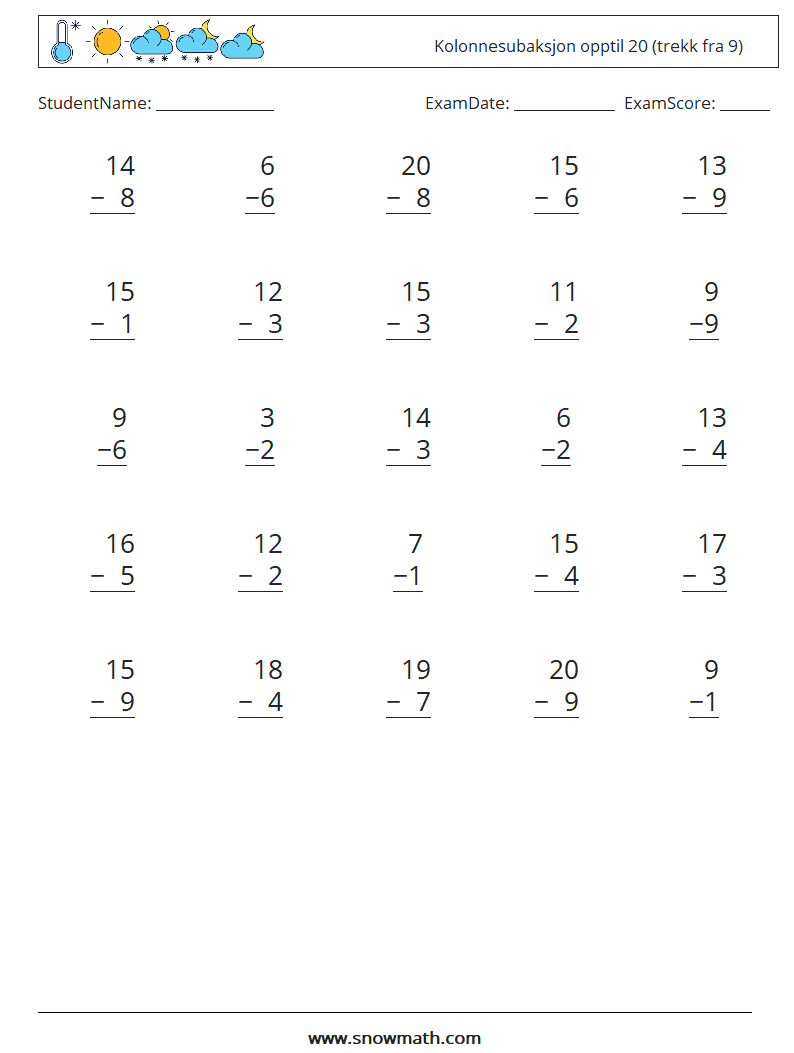 (25) Kolonnesubaksjon opptil 20 (trekk fra 9) MathWorksheets 18