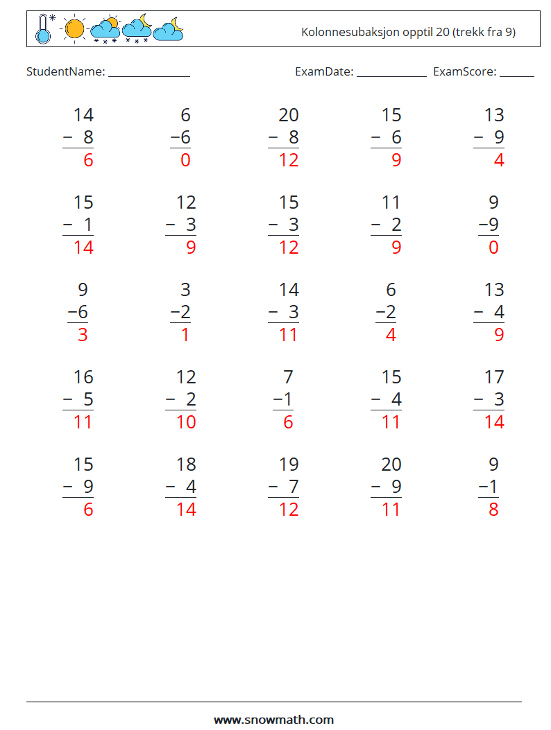 (25) Kolonnesubaksjon opptil 20 (trekk fra 9) MathWorksheets 18 QuestionAnswer