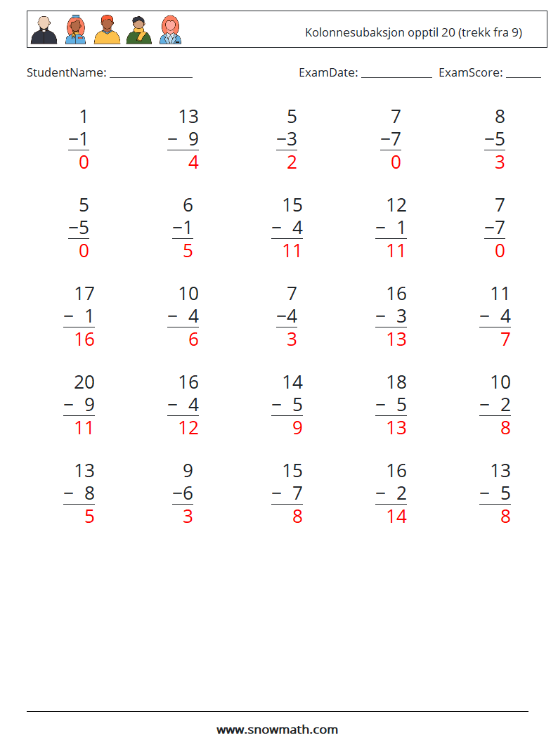 (25) Kolonnesubaksjon opptil 20 (trekk fra 9) MathWorksheets 1 QuestionAnswer