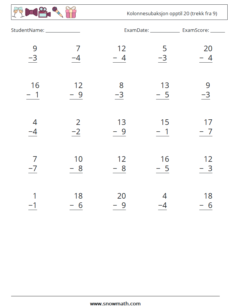 (25) Kolonnesubaksjon opptil 20 (trekk fra 9) MathWorksheets 2