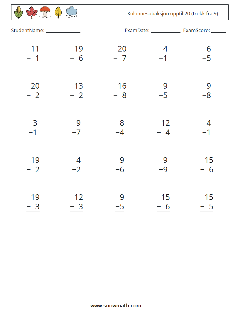 (25) Kolonnesubaksjon opptil 20 (trekk fra 9) MathWorksheets 3