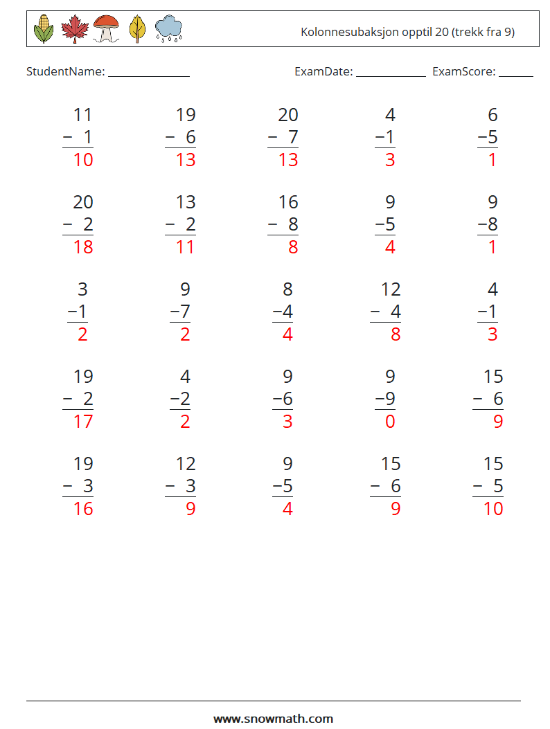 (25) Kolonnesubaksjon opptil 20 (trekk fra 9) MathWorksheets 3 QuestionAnswer